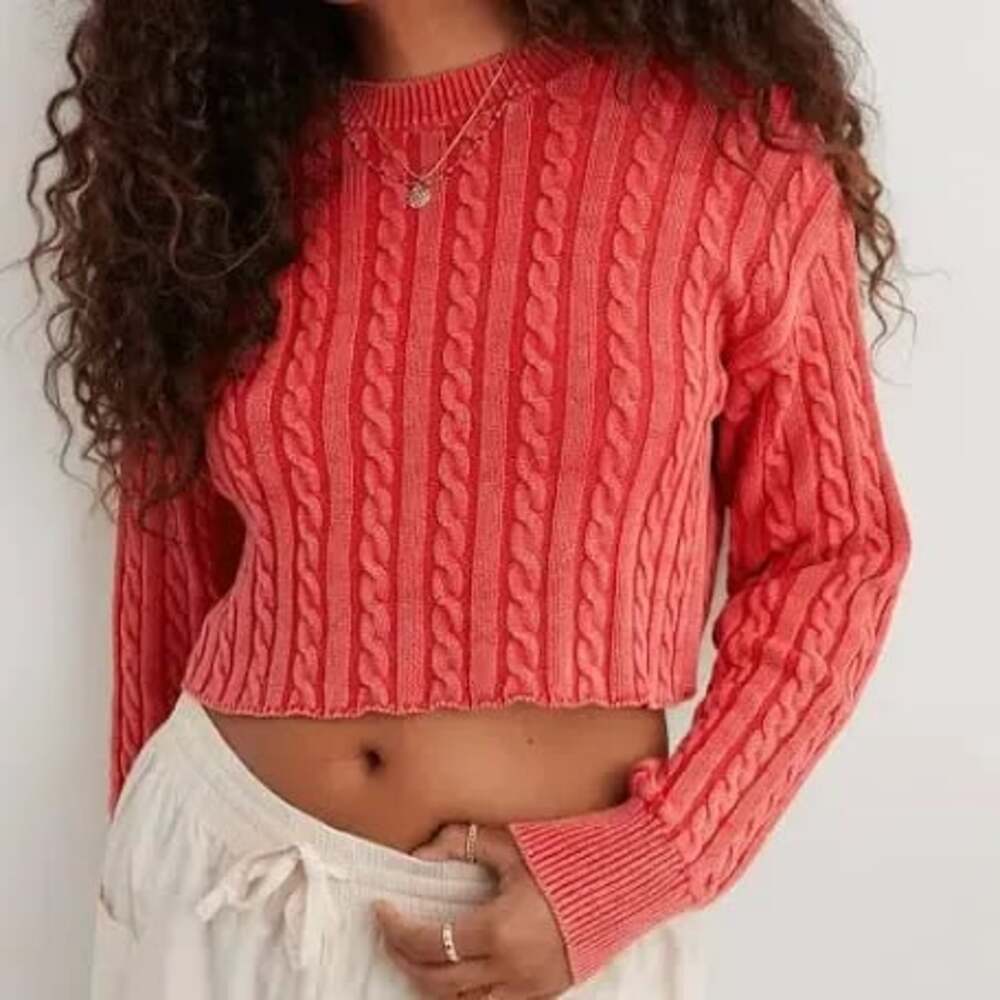 Aerie Cable Knit Cropped Sweater in Red